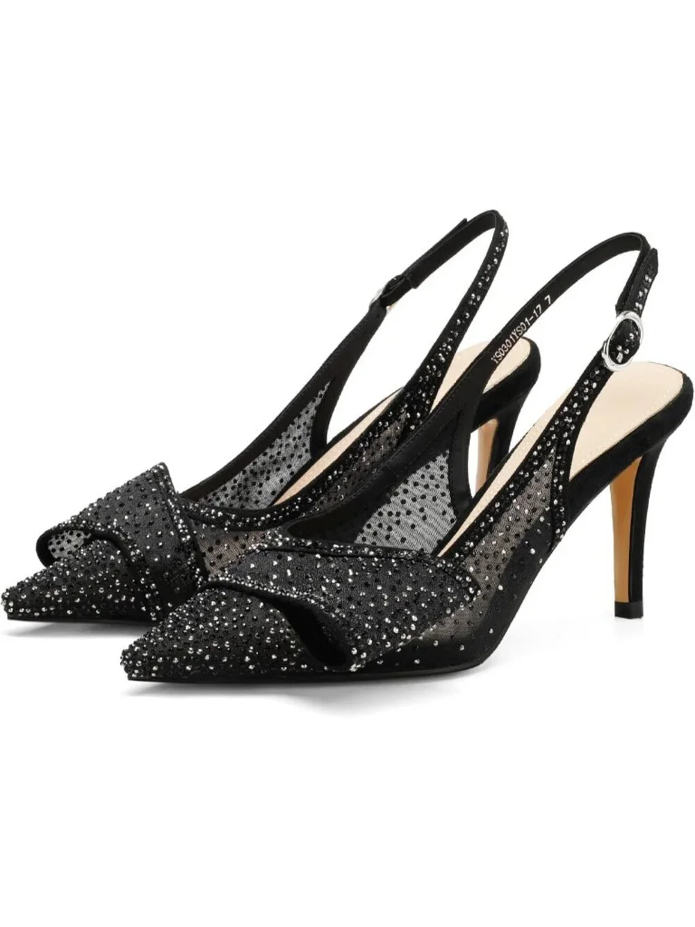 Women Mesh Black Rhinestone Slingback Heel with Bow Pointed Toe Pump Dress Shoes